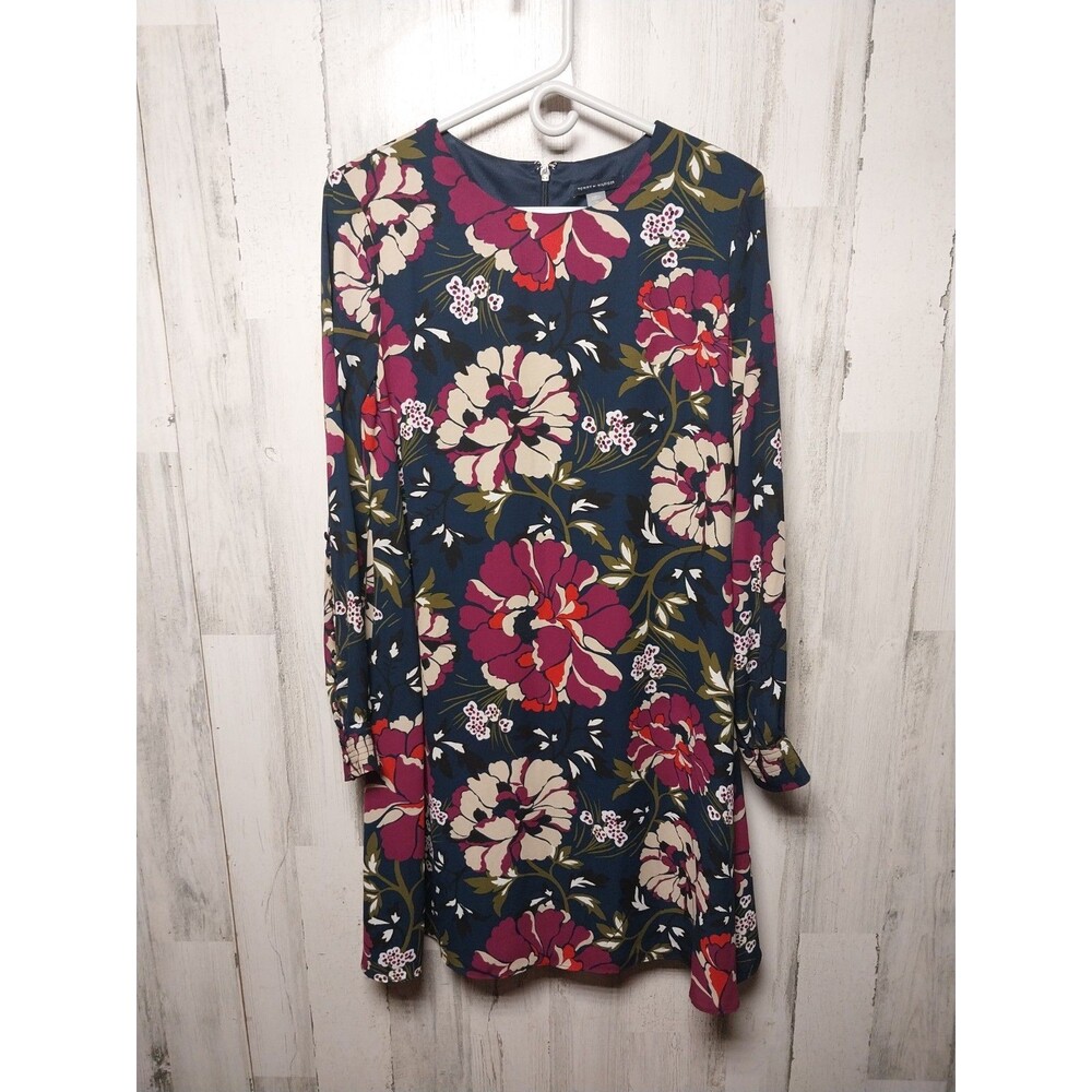 Tommy Hilfiger Womens Blue Floral Print Chiffon Long Sleeve A-Line Dress 10